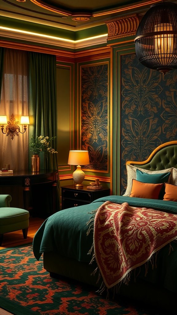 Art Deco inspired bedroom with green and terracotta decor, featuring a patterned wallpaper, elegant light fixtures, and cozy bedding.