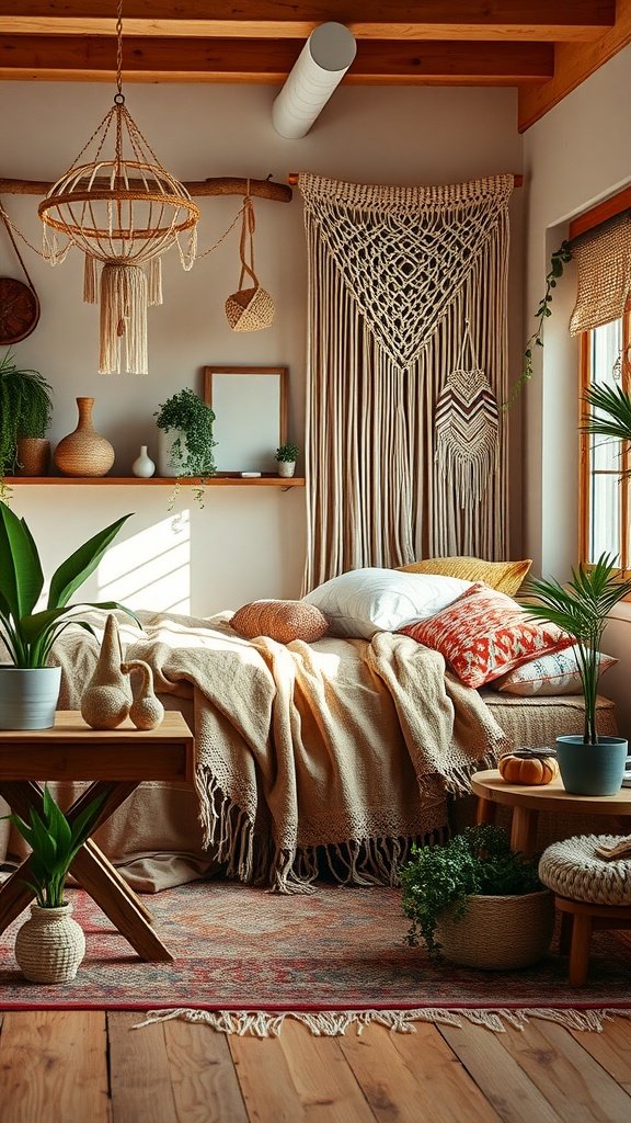 A cozy artistic boho bedroom featuring a bed with soft blankets, decorative pillows, macramé wall art, and various plants.