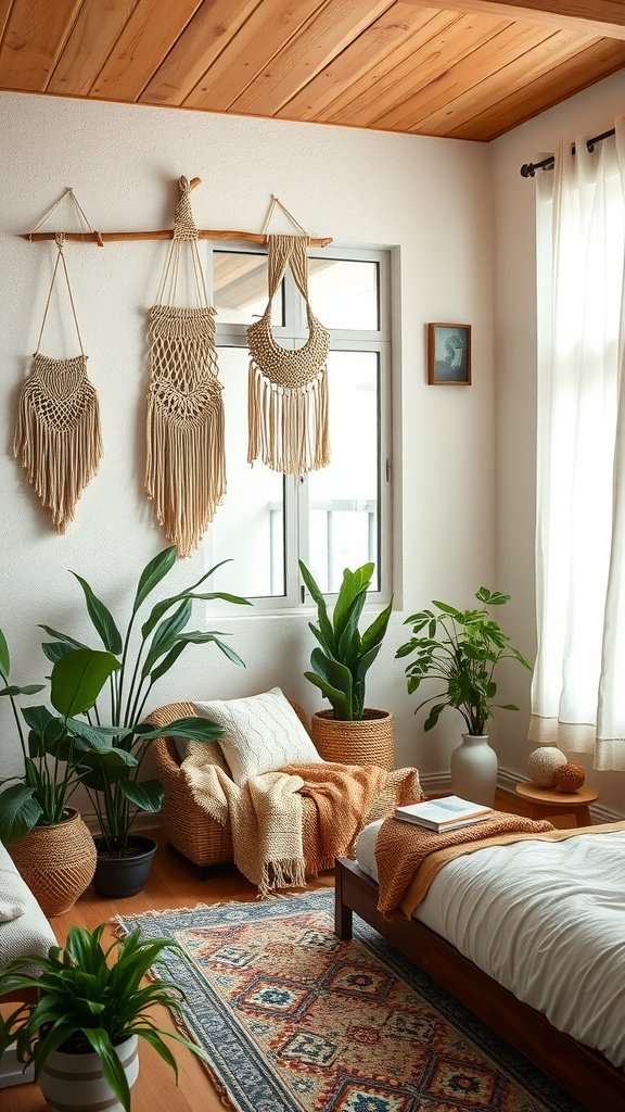 A cozy boho-style bedroom with macramé wall hangings, potted plants, and natural wood furniture.