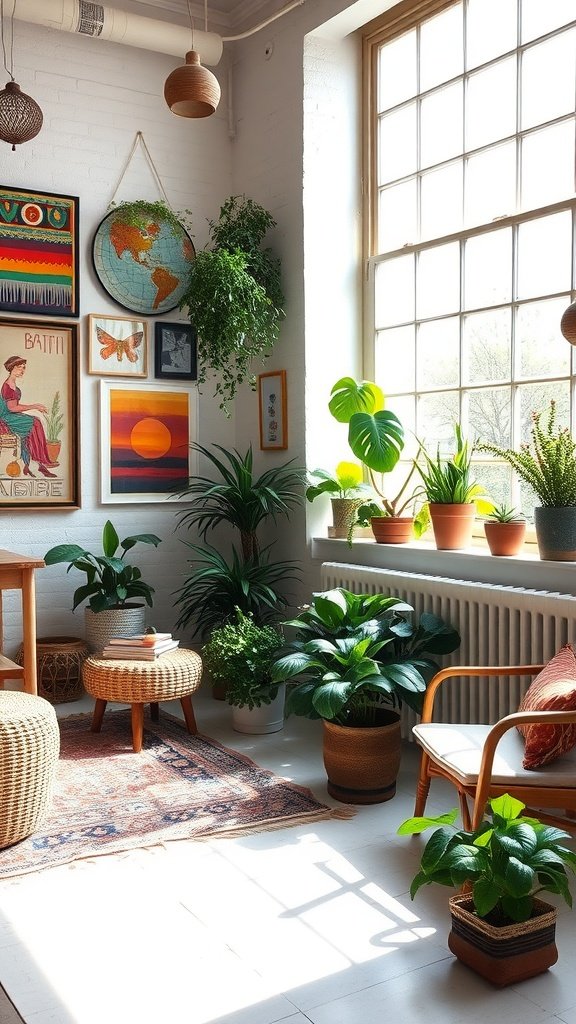 A bright and artistic boho studio with plants and colorful artwork.