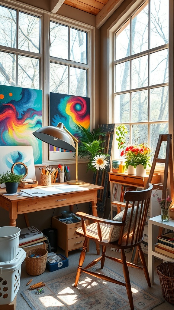 A cozy artist's studio with a wooden desk, colorful paintings on the walls, and natural light from large windows.