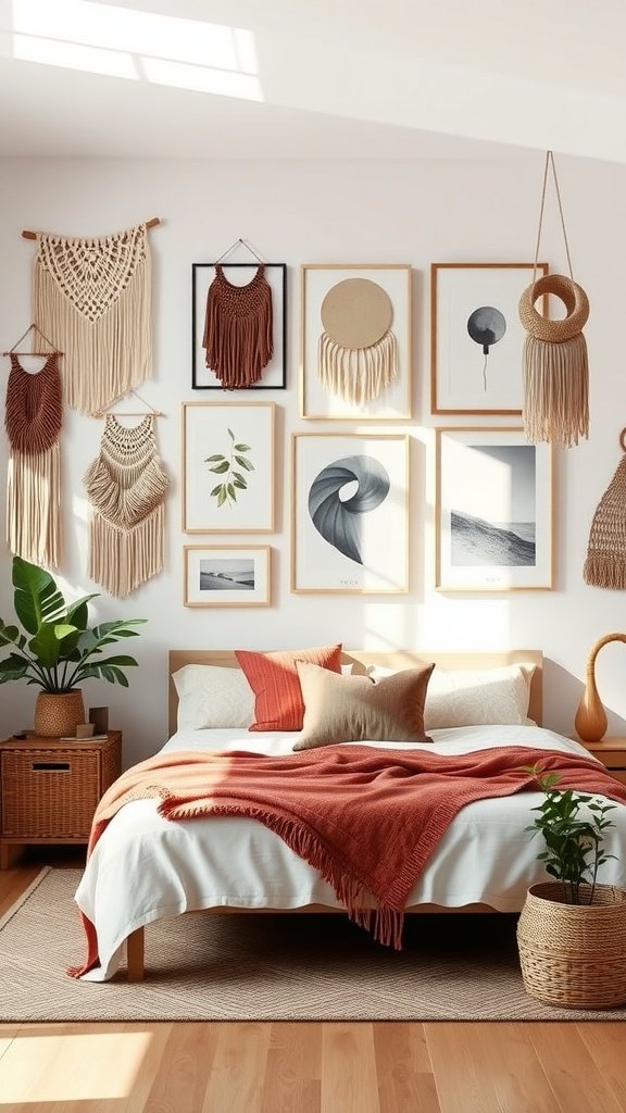 A cozy boho bedroom featuring various wall hangings and artwork, with a warm color palette.
