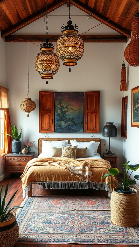 A cozy Asian-inspired boho bedroom featuring warm tones, intricate lanterns, and potted plants.