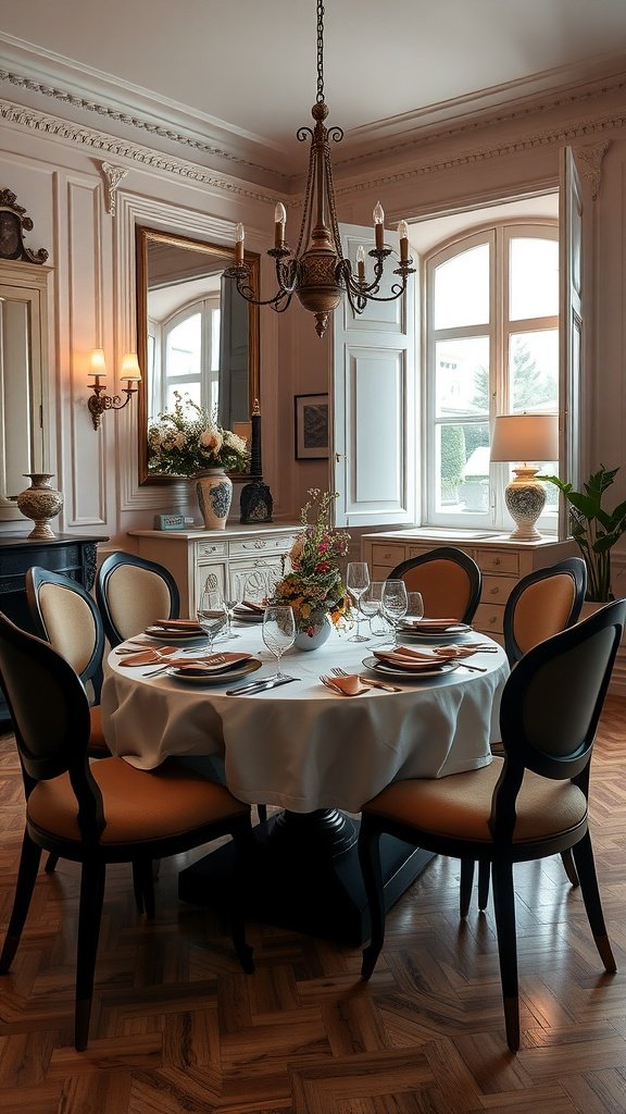A luxurious Italian dining room featuring a round table with elegant chairs, soft lighting, and tasteful decor.
