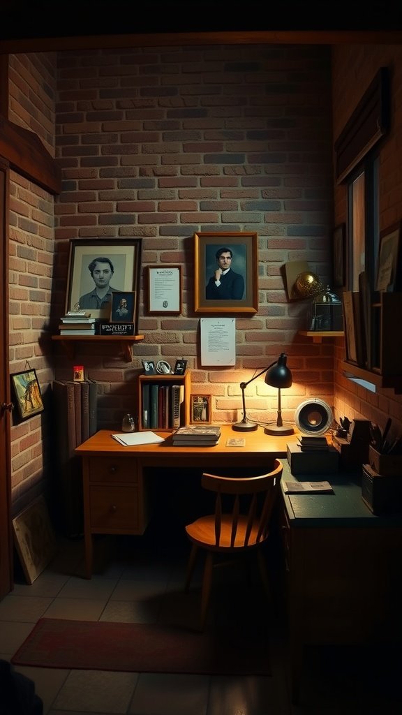 A cozy room with bare brick walls, showcasing a desk, lamp, and personal framed pictures.