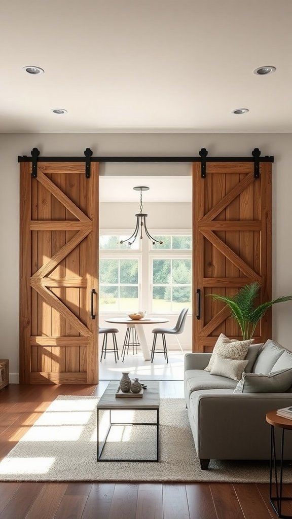 Interior view of a modern farmhouse living room featuring wooden barn doors as interior sliders leading to a dining area.