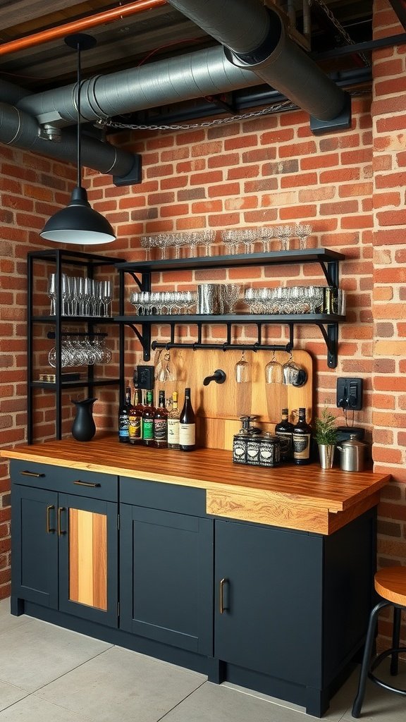 An industrial-style basement dry bar with two-toned cabinets, a wooden countertop, and open shelving against a brick wall.