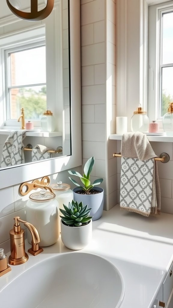 A modern bathroom counter decorated with plants, elegant fixtures, and organized decorative jars.