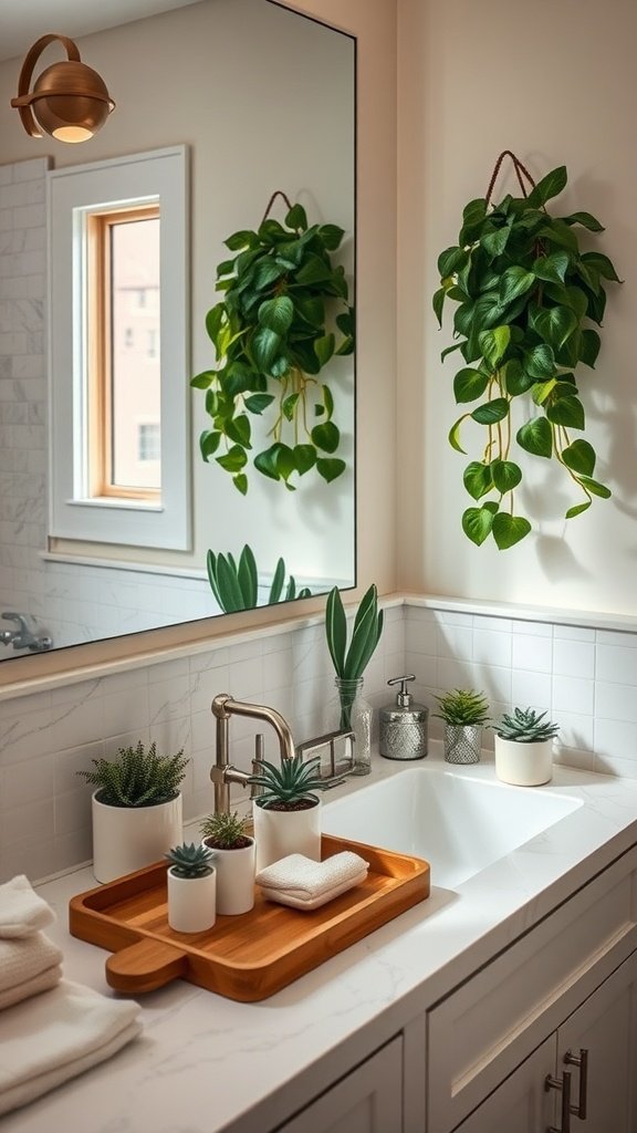 A well-decorated bathroom counter featuring plants, a wooden tray, and a modern sink.