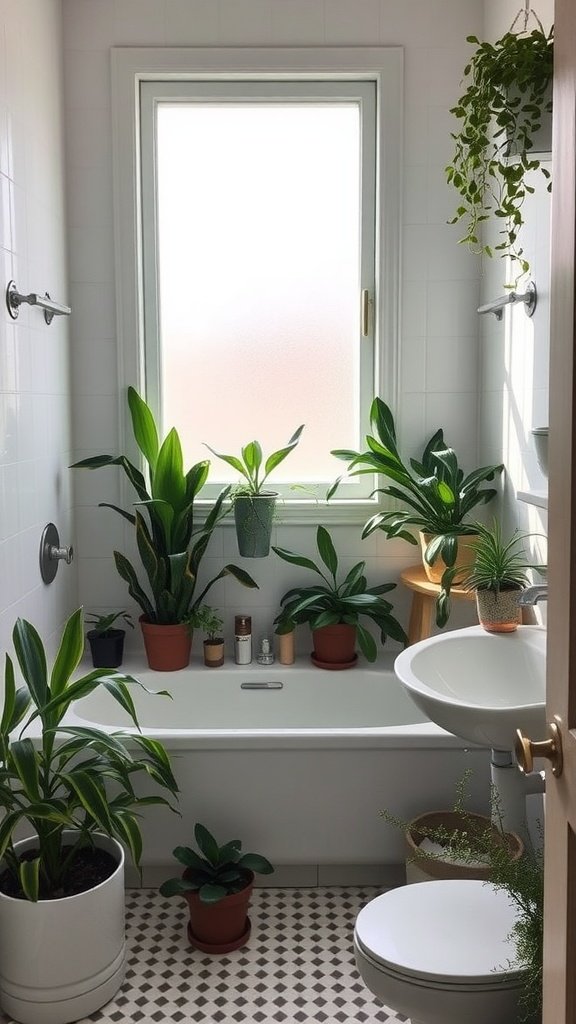 Bright bathroom filled with various low light houseplants