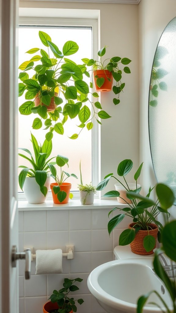 A bathroom filled with various plants absorbing moisture, including Pothos and Spider Plants, placed near a window.