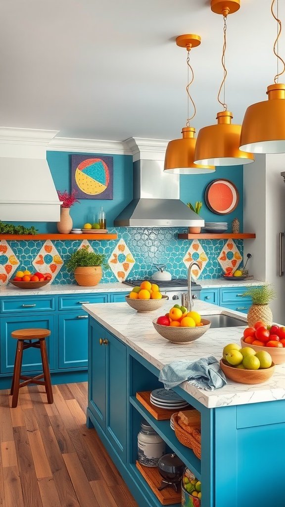 Bright kitchen with blue cabinets and orange pendant lights, featuring fruit bowls on the counter.