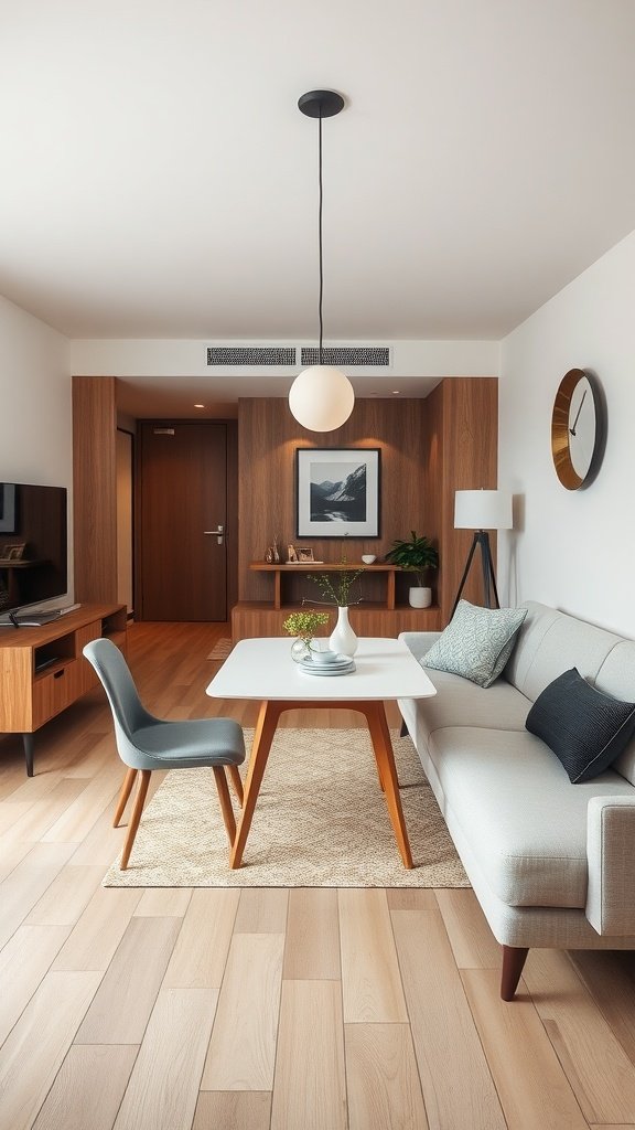 A small living room featuring a light-colored sofa, a dining table, and a modern lamp, showcasing a compact and stylish layout.