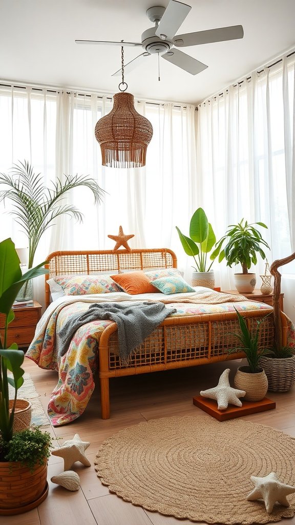 A cozy boho bedroom featuring a rattan bed with colorful bedding, starfish decor, and potted plants.