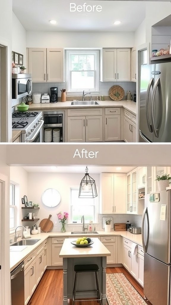 Before and After transformation of a small kitchen, showcasing a stylish upgrade on a budget.