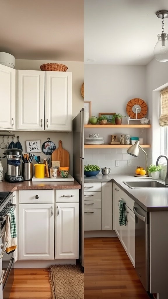 Before and after pictures of a kitchen makeover, showing a cluttered kitchen transformed into a bright, open space.