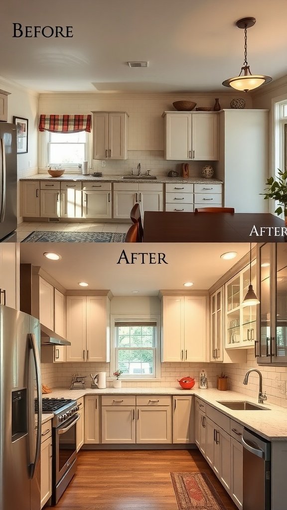 Before and after kitchen remodel image showing an updated kitchen.
