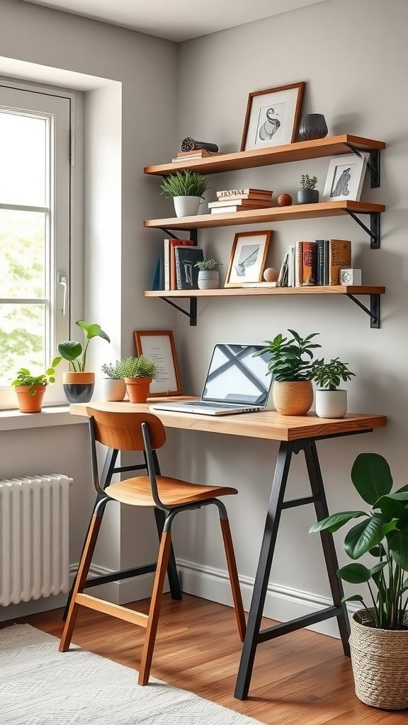 A stylish small home office featuring a ladder desk and floating shelves, decorated with plants and books.