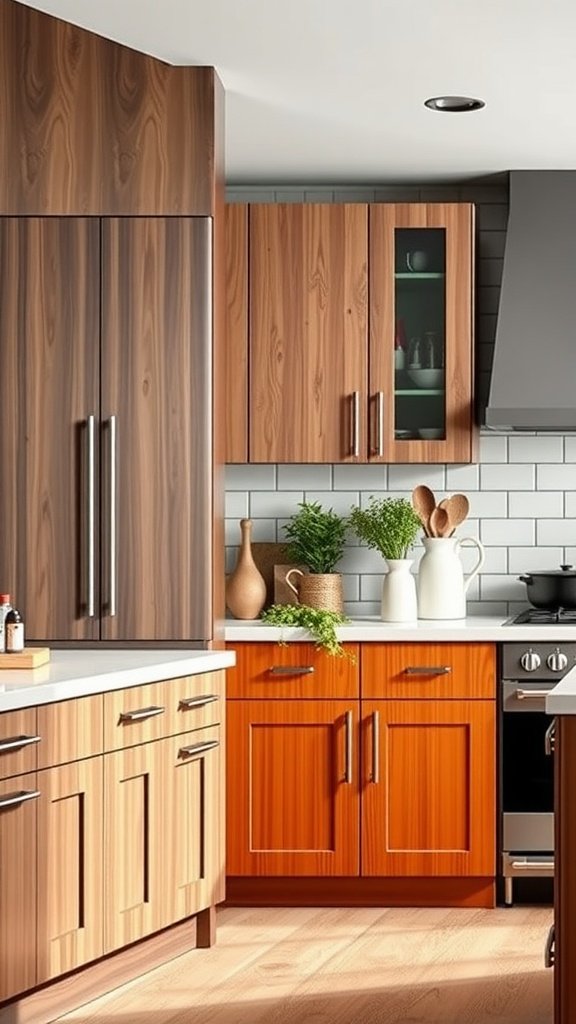 Modern kitchen with a mix of dark wood and orange cabinets, featuring open shelving and decorative elements.
