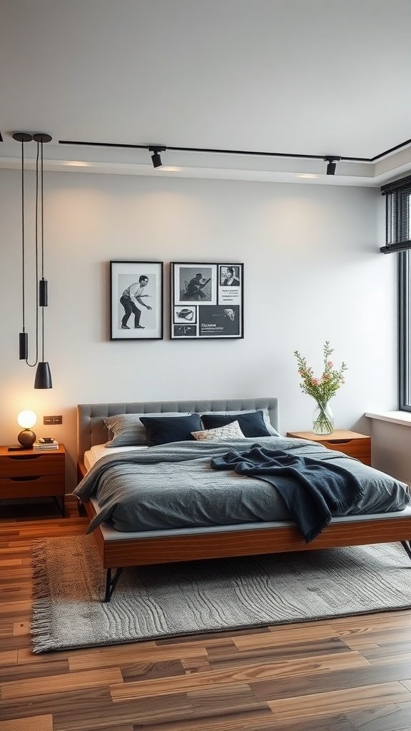 Stylish men's bedroom with modern decor and warm tones.
