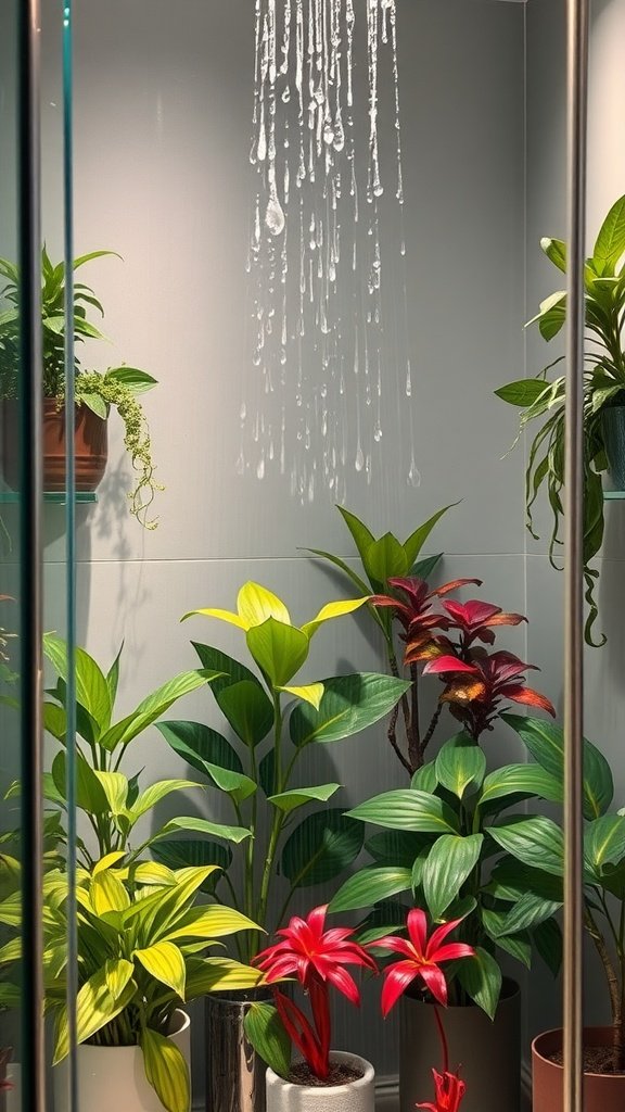 A collection of different plants in a shower, showcasing their vibrant colors and lush greenery, with water droplets above.