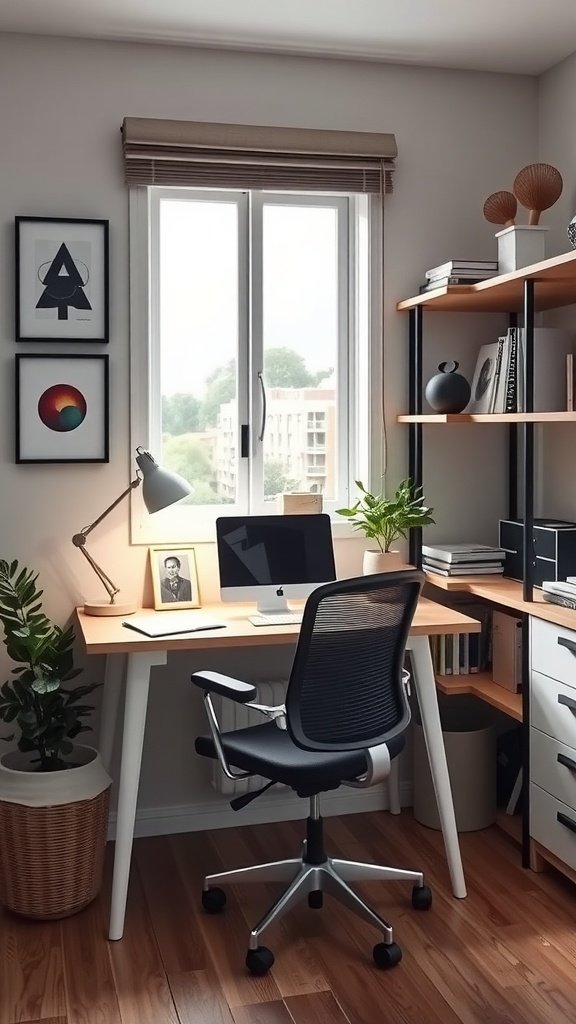 A small home office setup featuring a desk with a computer, plants, and organized shelves.