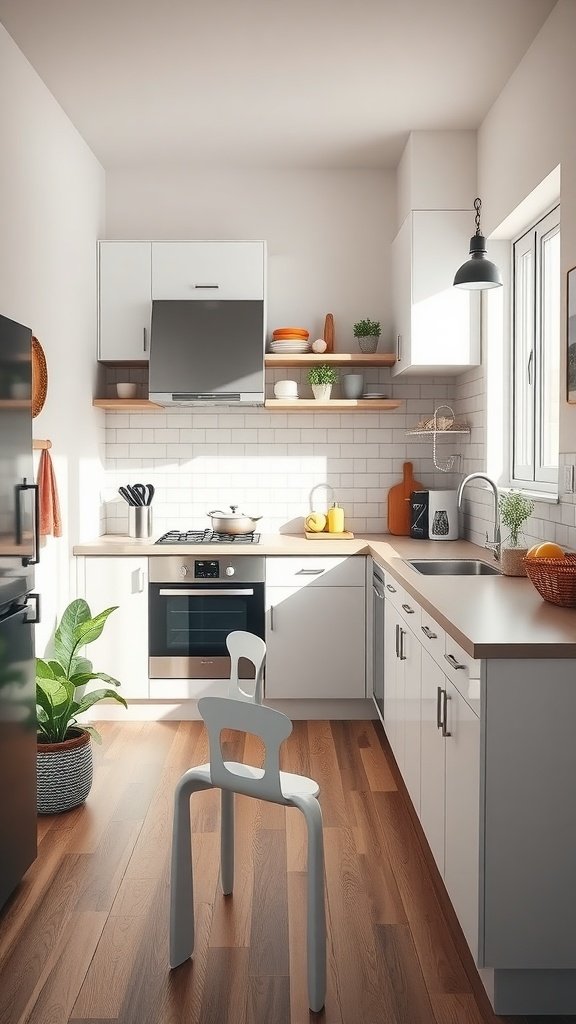 A modern small kitchen with white cabinets, wooden shelves, and a potted plant.