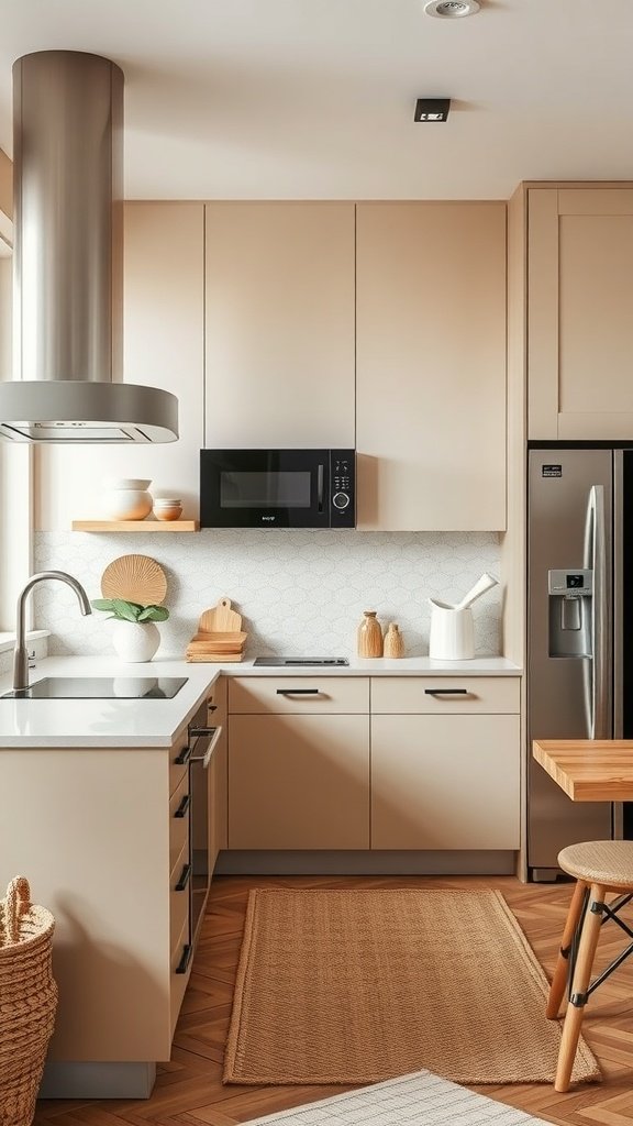 Modern beige kitchen with sleek cabinetry and warm decor