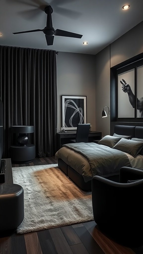 A stylish black and gray bedroom with a modern design, featuring dark curtains, light bedding, and minimalist furniture.