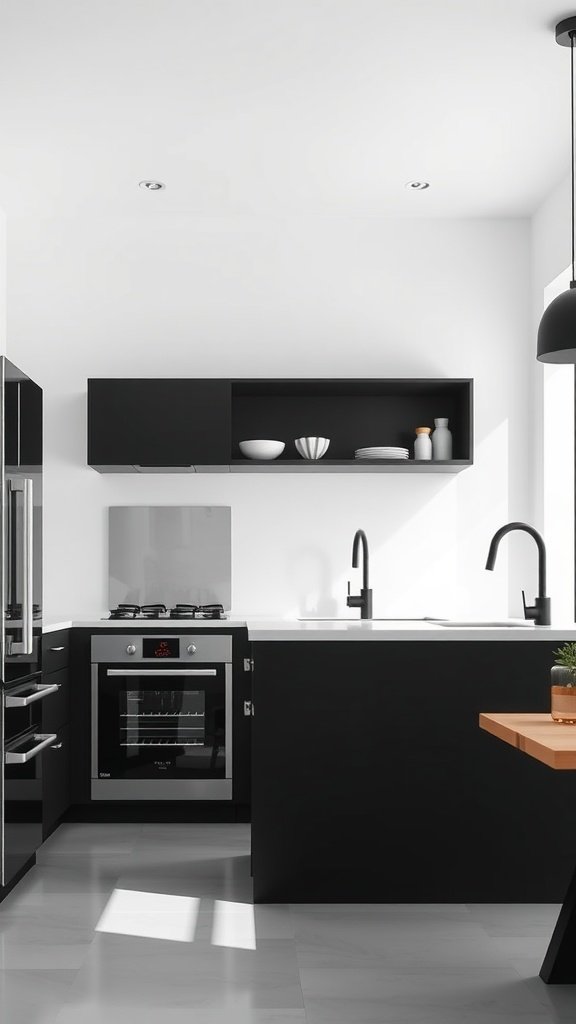 A modern black and white minimalist kitchen featuring sleek cabinetry, white countertops, and stylish fixtures.