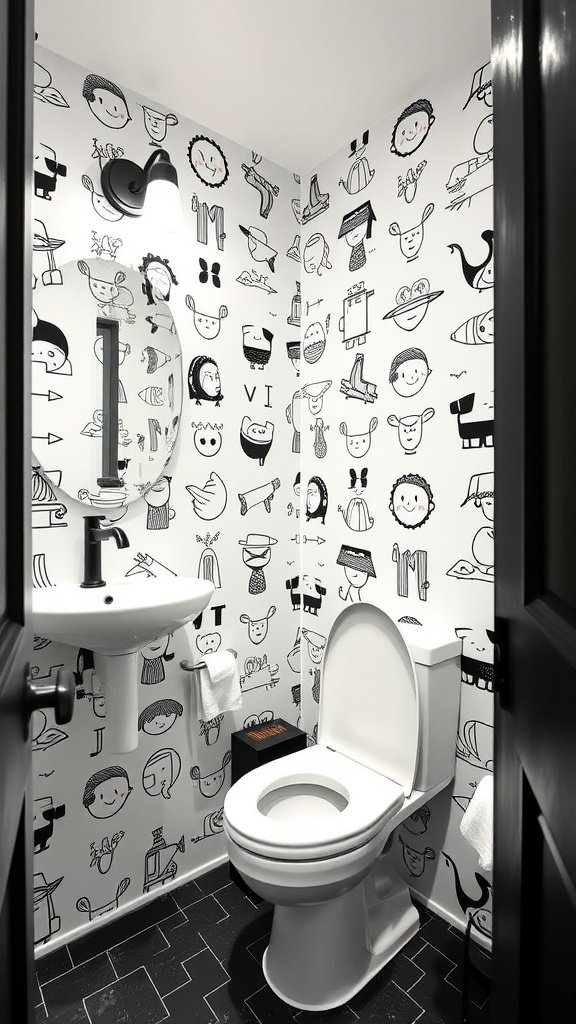 Black and white powder room with cartoon wallpaper, featuring a sink and toilet.