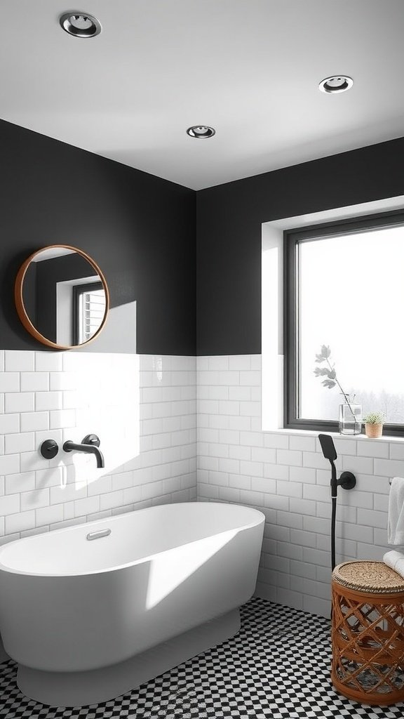 A modern Scandinavian bathroom with a black wall, white tiles, a freestanding bathtub, and wood accents