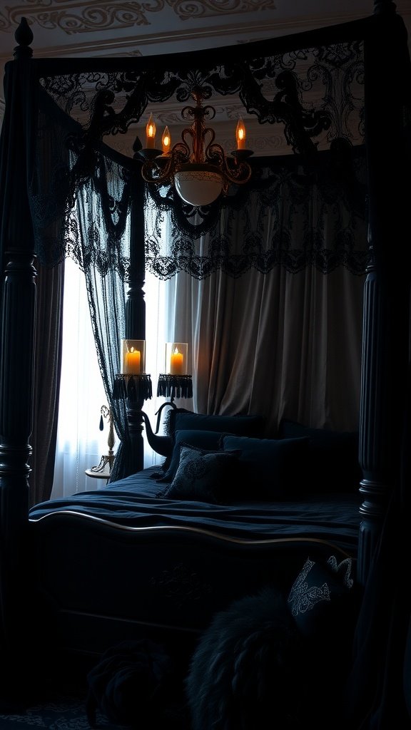 A black lace canopy bed with candles and a chandelier, creating a dramatic and cozy atmosphere.