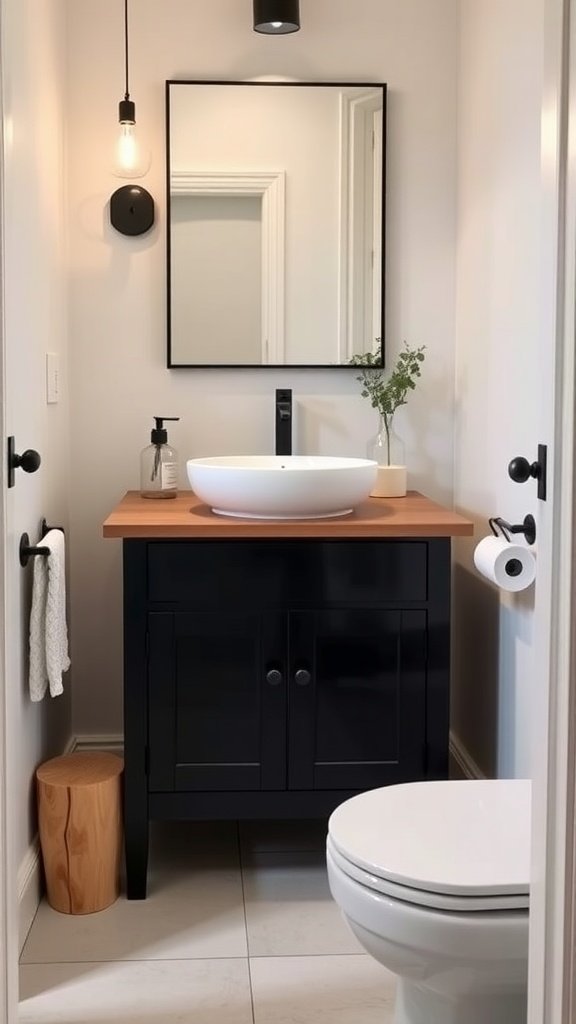 A modern black vanity with a wood countertop and a white vessel sink in a small bathroom setting.