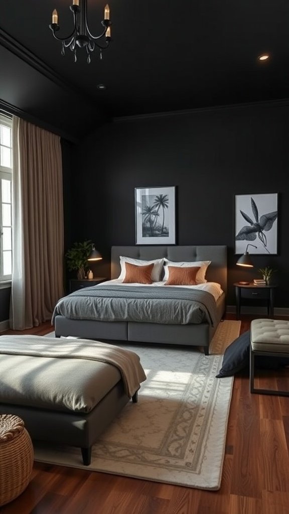 A stylish bedroom with black walls, a cozy bed, and warm lighting.