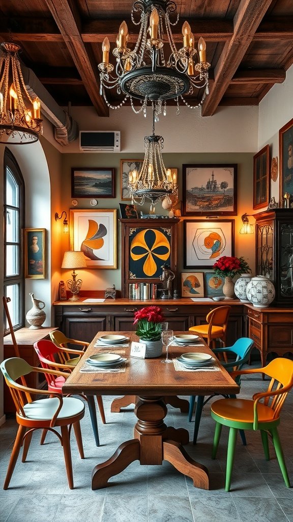 Eclectic Italian dining room featuring a wooden table, colorful chairs, and vintage chandeliers.