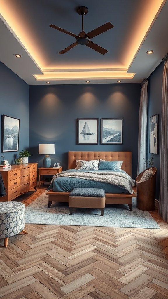 Cozy bedroom featuring a blue and brown color scheme with a comfortable bed, wooden furniture, and soft lighting.