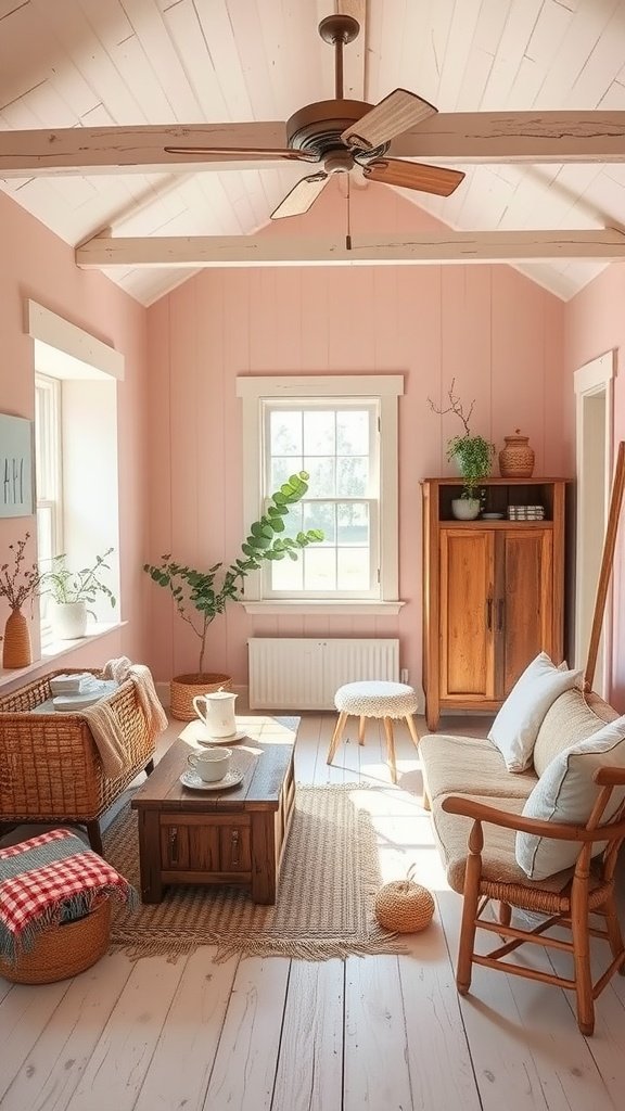 A cozy farmhouse living room with blush pink walls and natural wood accents.
