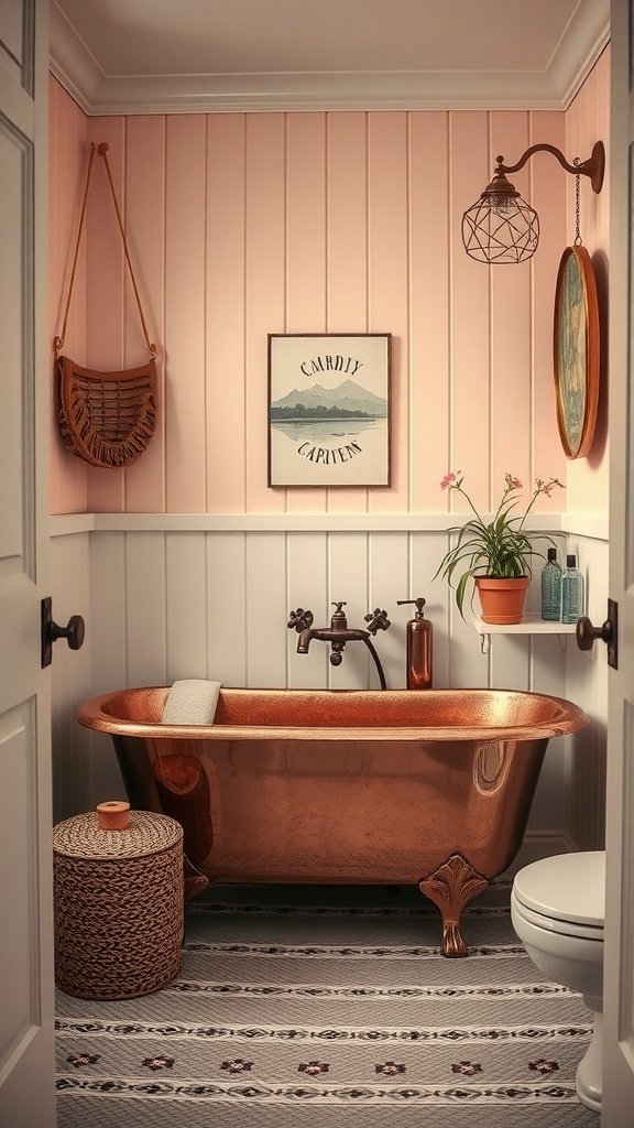 Small bathroom with board and batten walls and a copper bathtub