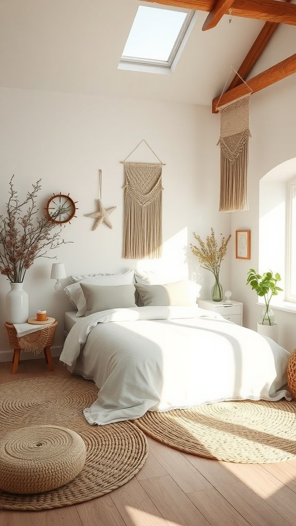 A bright and airy bohemian-inspired bedroom featuring a cozy bed, woven rugs, and natural decor elements.