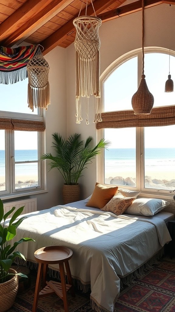 A cozy bohemian bedroom with large windows overlooking the beach, featuring greenery and macramé decorations.