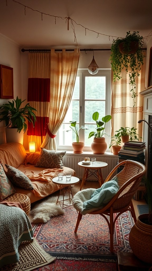 A cozy boho style bedroom with plants, warm lighting, and layered textures.