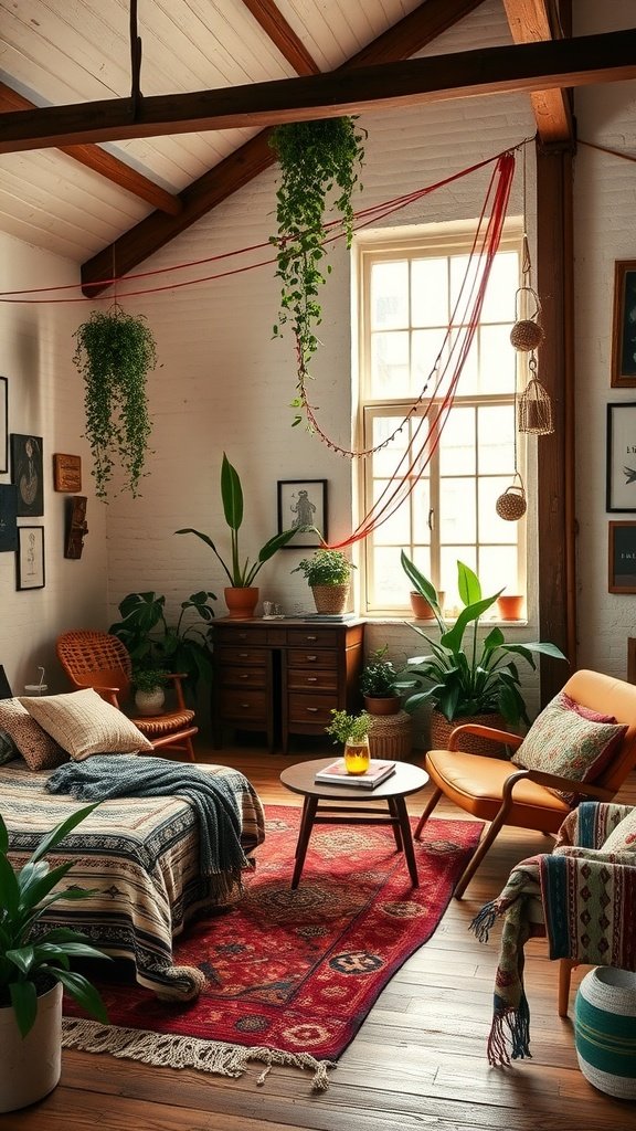 A cozy bohemian loft bedroom featuring plants, a wooden bed, and a colorful rug.