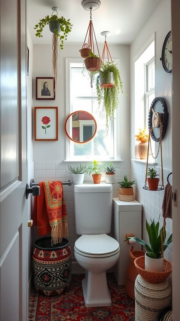 A small bathroom decorated with hanging plants, colorful textiles, and intricate patterns.