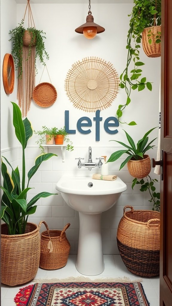 A small bathroom featuring bohemian decor with plants, woven baskets, and a colorful rug.