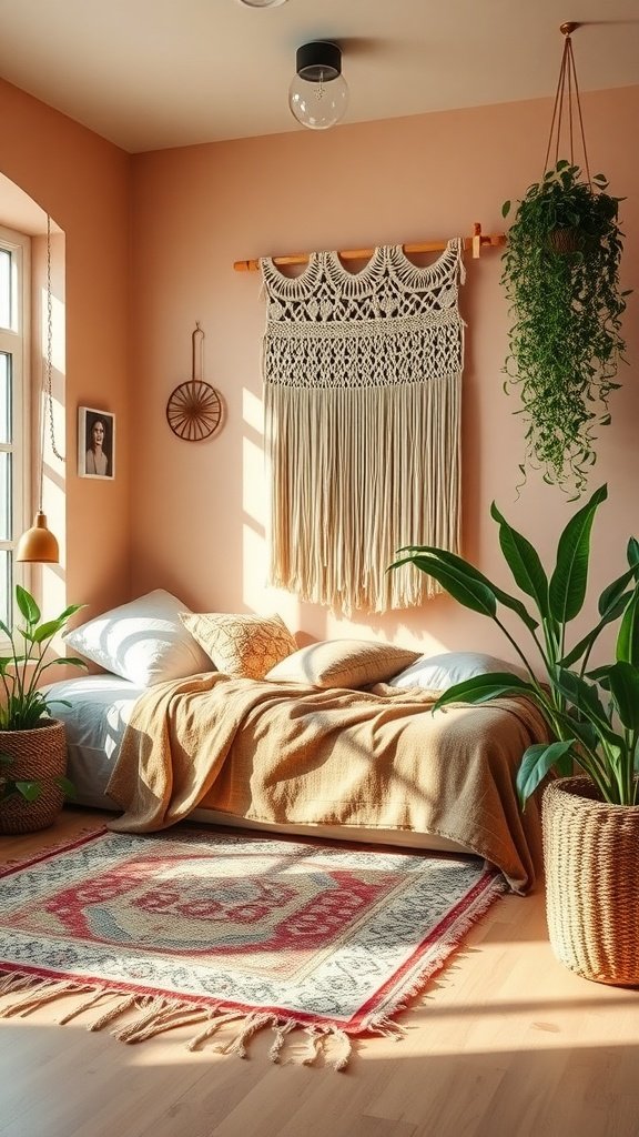 Cozy Bohemian style bedroom with peach walls, macramé wall hanging, plants, and a layered bed.