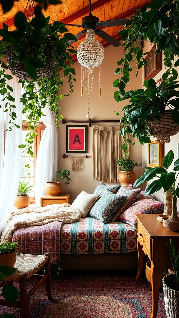 A cozy bohemian-style bedroom filled with plants, colorful bedding, and warm, natural light.