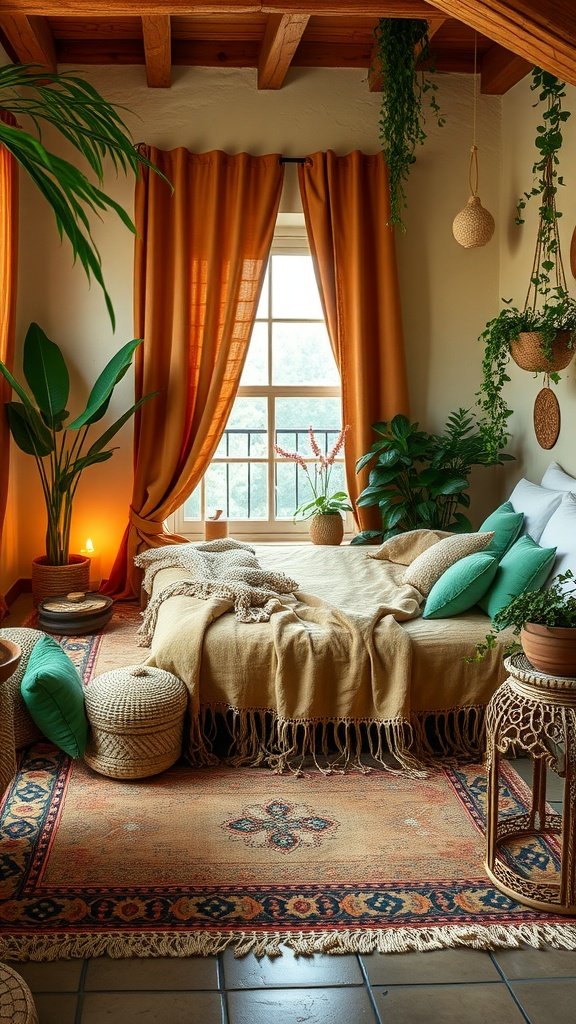 Bohemian bedroom with green and terracotta color scheme, featuring plants, warm lighting, and a cozy bed