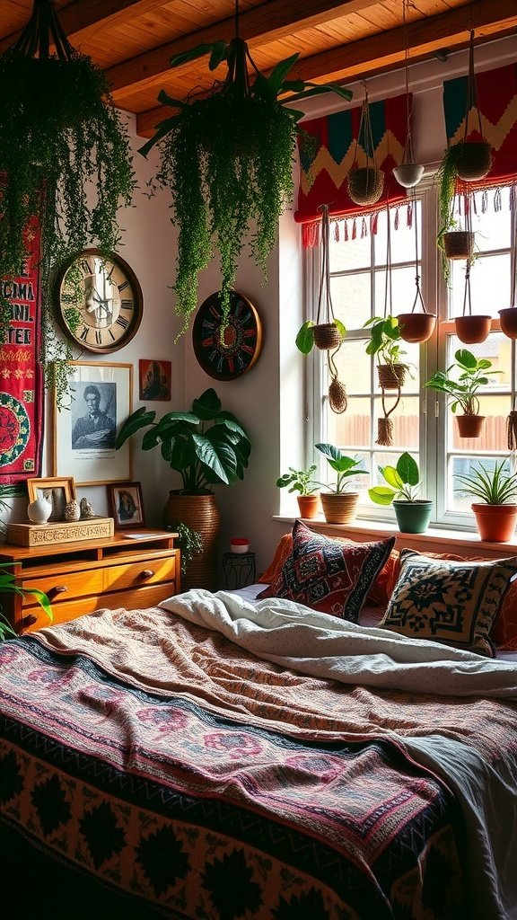 A cozy bohemian-style bedroom featuring plants, colorful bedding, and rustic decor.