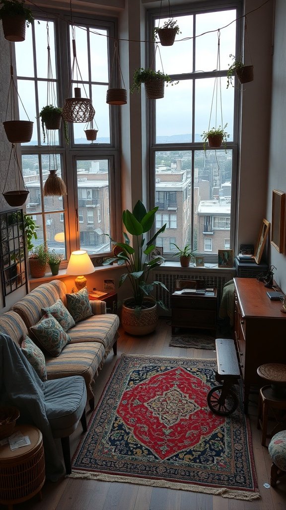 A cozy Bohemian loft bedroom featuring large windows, hanging plants, a striped sofa, and colorful decor.
